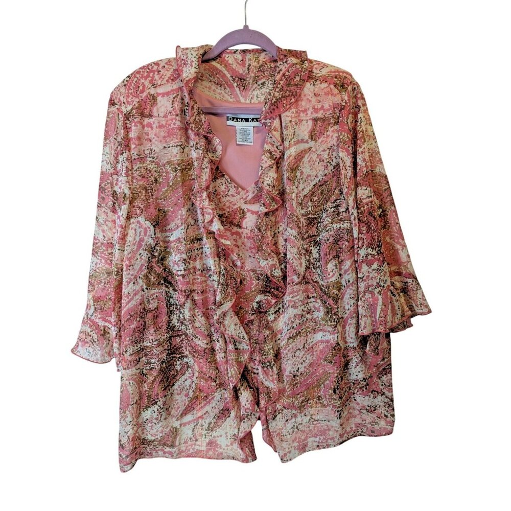 Dana Kay 2Pc Blouse Shell Set Women 26W Petite Pink Brown Ruffle Career Classic